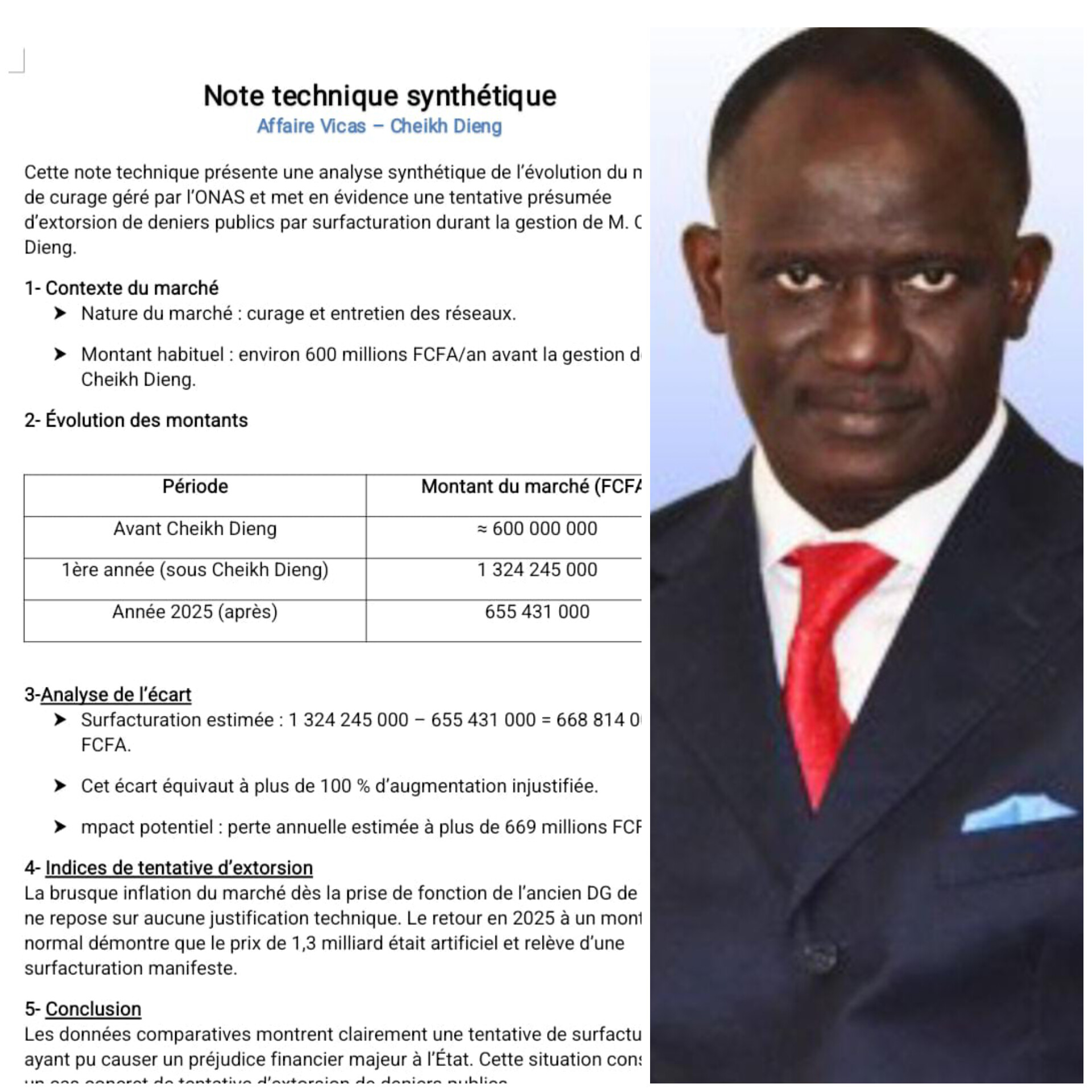 Surfacturation des marchés de l&rsquo;Onas : L&rsquo;entreprise Vicas dévoile ses chiffres et accable l&rsquo;ancien Directeur Général Cheikh Dieng.